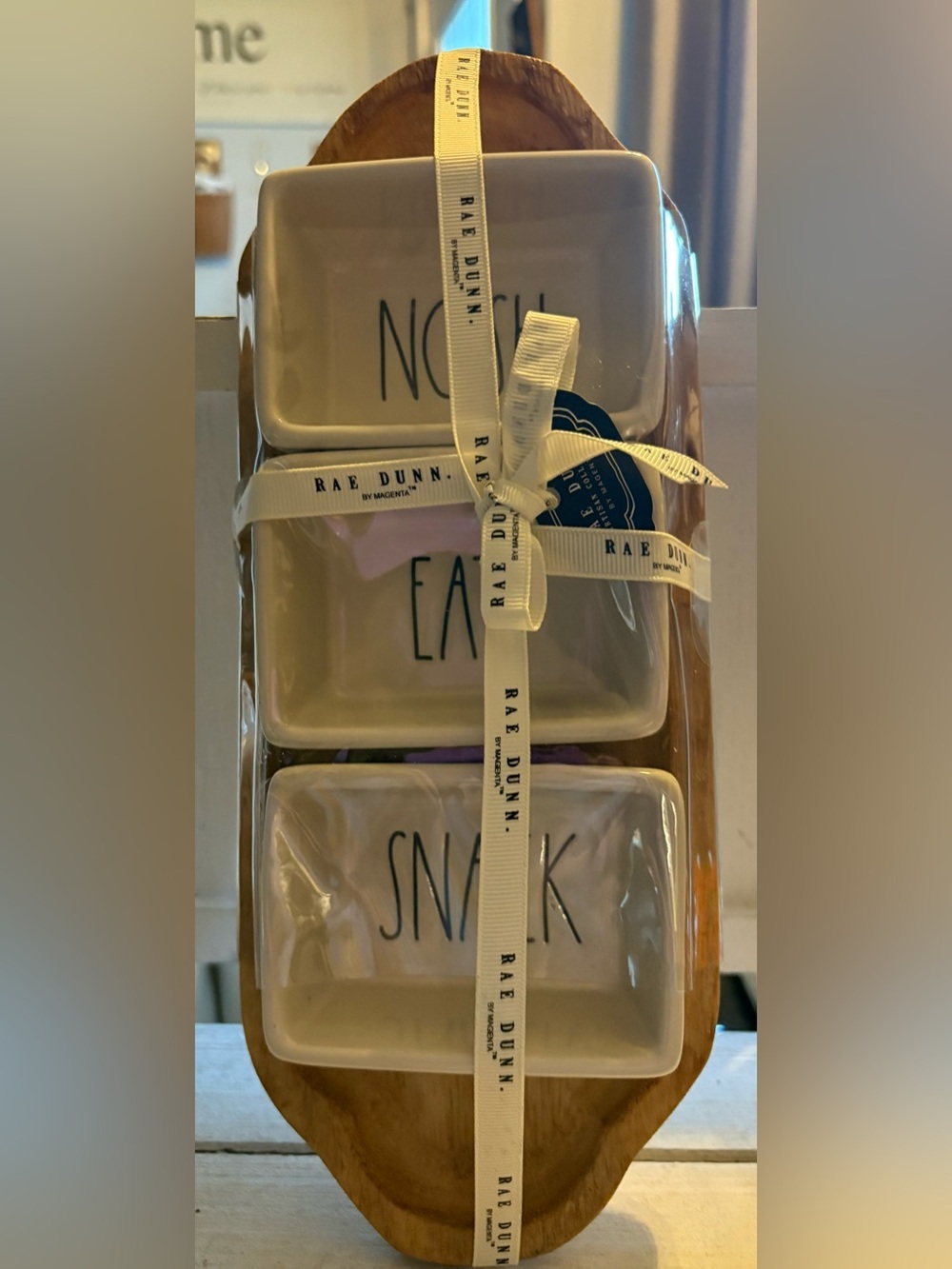 Rae Dunn White Ceramic 'NOW, EAT, SNACK' Trio with Black Lettering